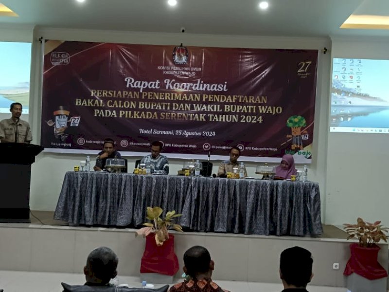 Komisi Pemilihan Umum (KPU) Kabupaten Wajo melakukan rapat koordinasi persiapan penerimaan pendaftaran bakal calon bupati dan wakil bupati Wajo Pilkada 2024.