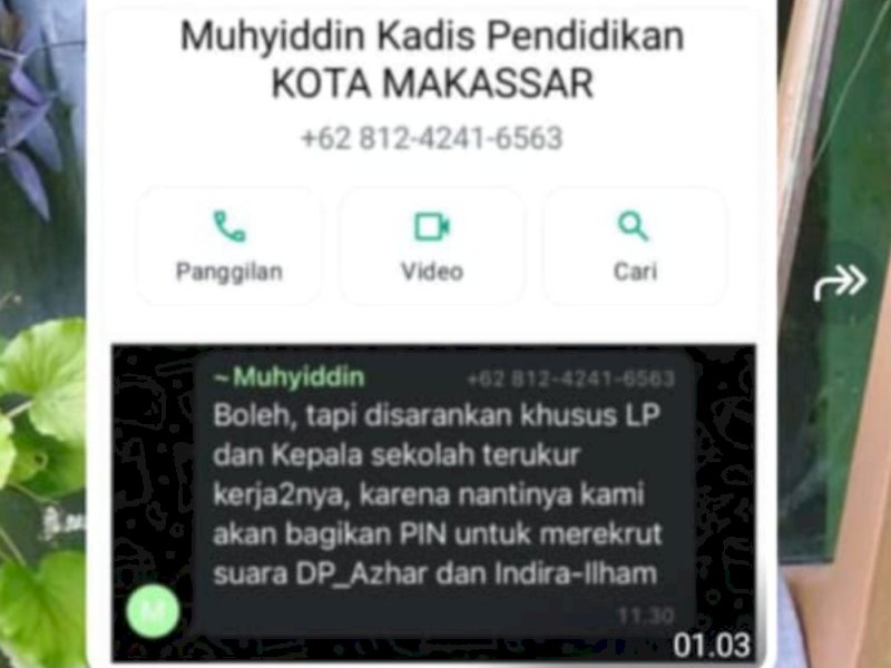 Tangkapan layar dengan akun atas nama Kadisdik Makassar Muhyiddin. 