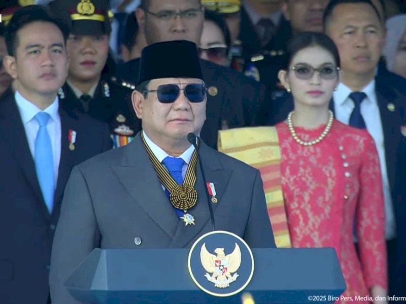 Presiden Prabowo Subianto menyampaikan sambutan dalam peringatan Hari Bhayangkara ke-79. 