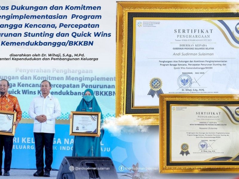 Pemprov Sulsel dianugerahi penghargaan oleh Kementerian Kependudukan dan Pembangunan Keluarga/BKKBN.