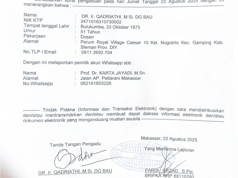 Bukti laporan Q ke Polda Sulsel. 