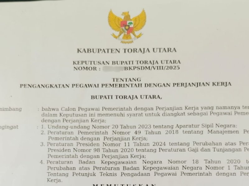 SK pengangkatan PPPK Toraja Utara. 