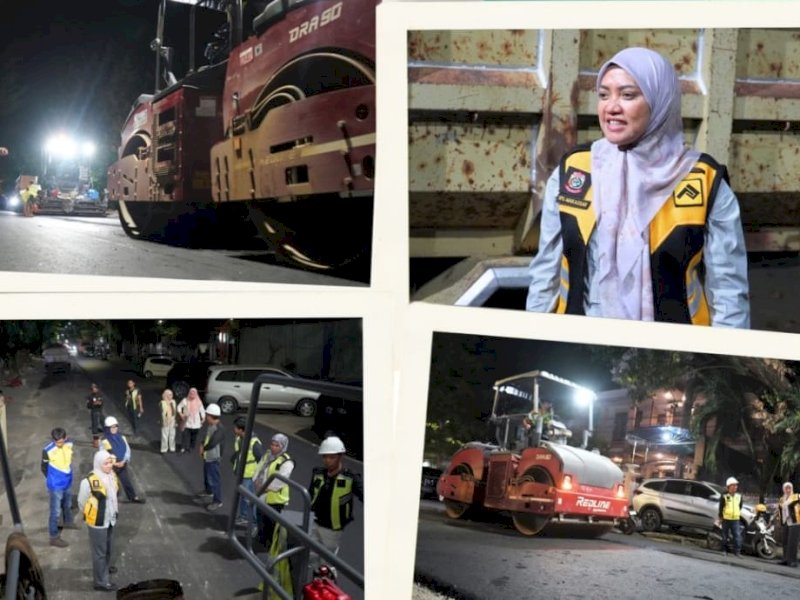 Kepala Dinas Pekerjaan Umum (PU) Kota Makassar Zuhaelsi Zubir meninjau proses pengaspalan jalan di Jl Chairil Anwar, Kota Makassar. 