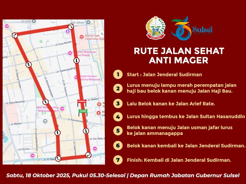 Pemprov Sulsel Gelar Jalan Sehat Anti Mager di Makassar Besok, ini Rutenya