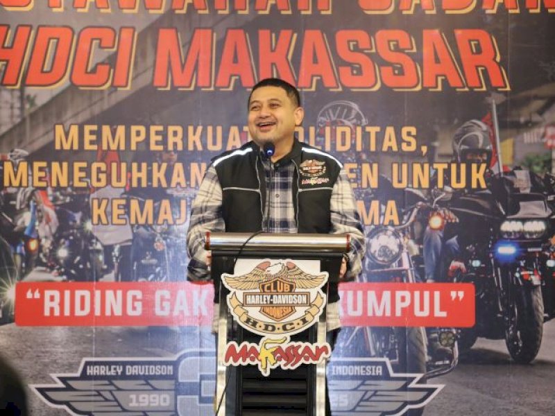 Wali Kota Makassar Munafri 'Appi' Arifuddin memberi sambutan pada Muscab Harley Davidson Club Indonesia (HDCI) Kota Makassar. 