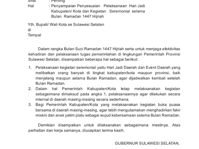 Sambut Ramadan, Sudirman Instruksikan Semua Even Daerah Ditunda 