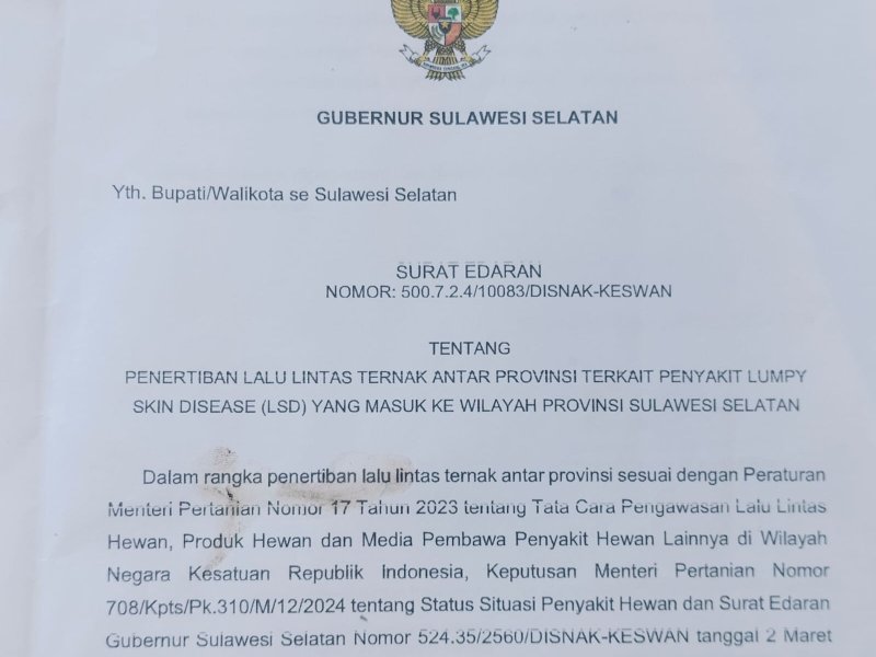 SE pembatasan lalu lintas kerbau dalam hal mencegah penyebaran penyakit hewan Lumpy Skin Disease (LSD) yang diterbitkan Pemprov Sulsel.