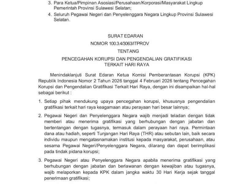 Gubernur Sulsel Keluarkan SE Cegah Gratifikasi: ASN Terima Hadiah Harus Lapor KPK