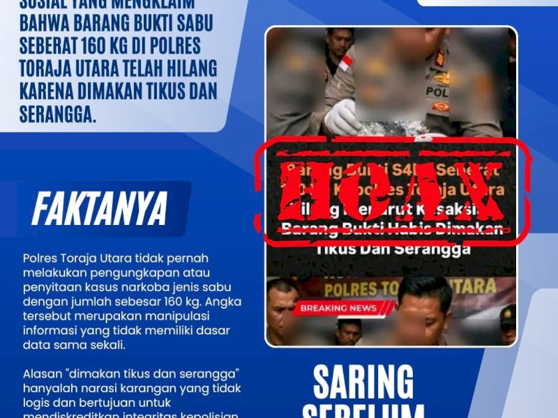 Polres Toraja Utara Bantah Isu Barang Bukti Sabu 160 Kg Hilang Dimakan Tikus: Hoaks! 