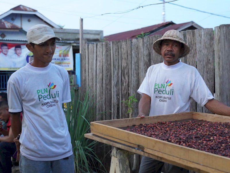 Di Desa Nonong, Ketua Kelompok Petani Kopi Batui Bapak Fadly (kiri) memulai usahanya di tahun 2010 dengan sebuah keyakinan sederhana bahwa tanah Batui menyimpan potensi yang belum terjamah.