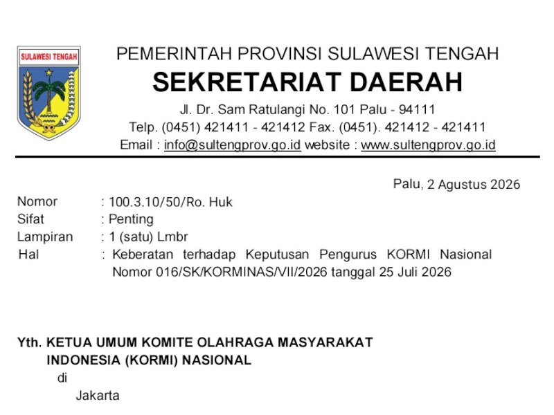 Status Tuan Rumah Fornas 2027 Dicabut, Pemprov Sulteng Layangkan Keberatan ke KORMI