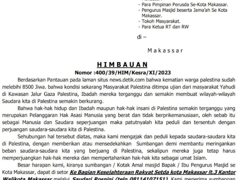 Pemkot Makassar Buka Donasi untuk Palestina