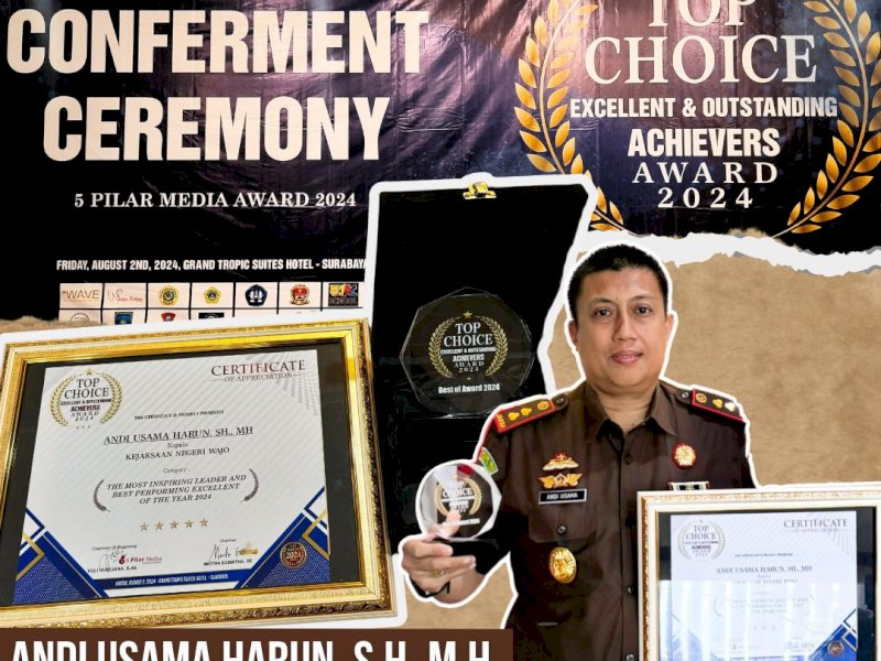 Penghargaan Top Choice Excellent & Outstanding Achievers Award 2024 yang diraih Kepala Kejari Wajo Andi Usama Harun, SH MH. (Foto: dok)