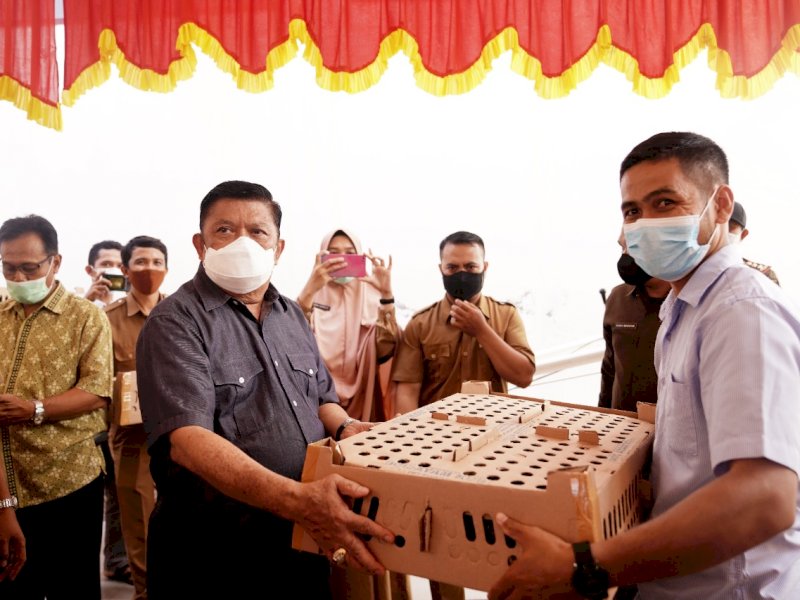 Azikin Solthan menyerahkan bantuan untuk petani Bantaeng.