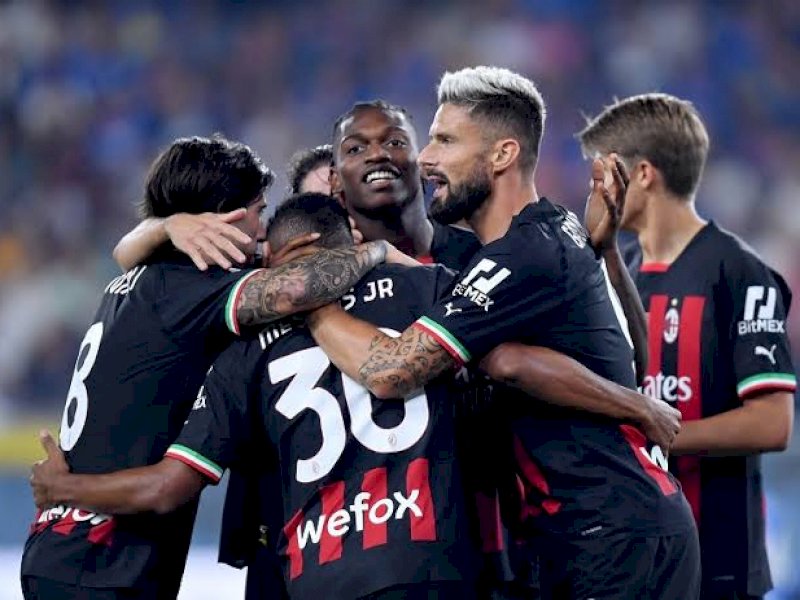 Pemain AC Milan merayakan gol atas Sampdoria. (int) 