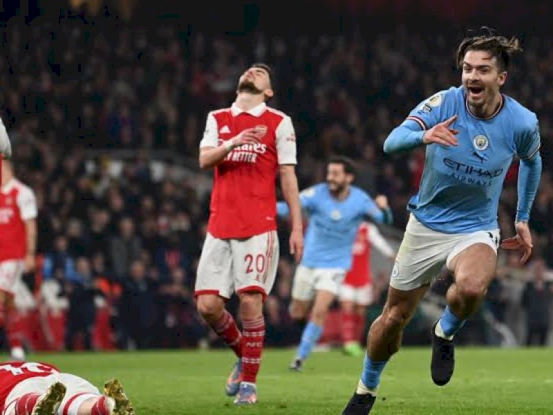 Pemain Manc City membobol gawang Arsenal dalam laga dini hari tadi. (int)