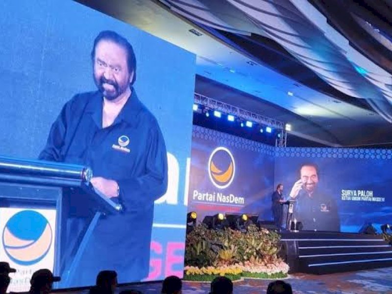 Surya Paloh saat menghadiri orientasi caleg se-Sulawesi di Makassar, Kamis (22/6/2023).