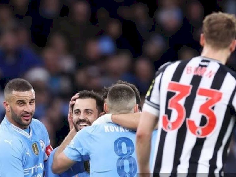 Pemain Manchester City merayakan gol ke gawang Newcastle United. (int) 