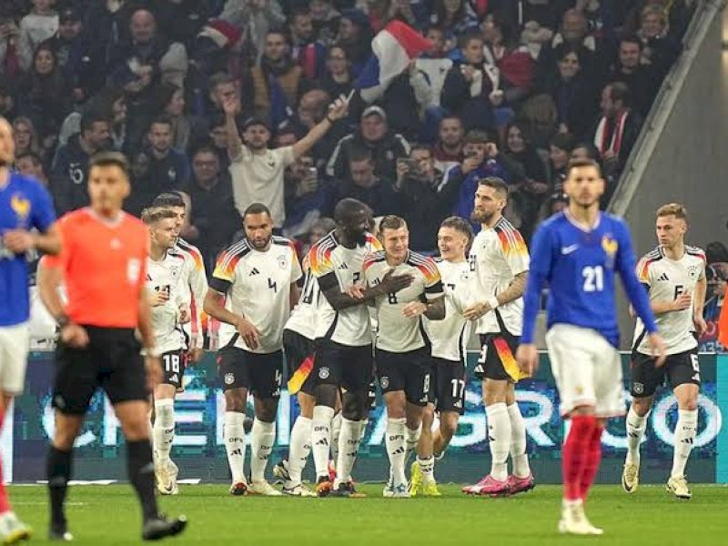 Pemain Jerman merayakan  gol ke gawang Prancis. (int)