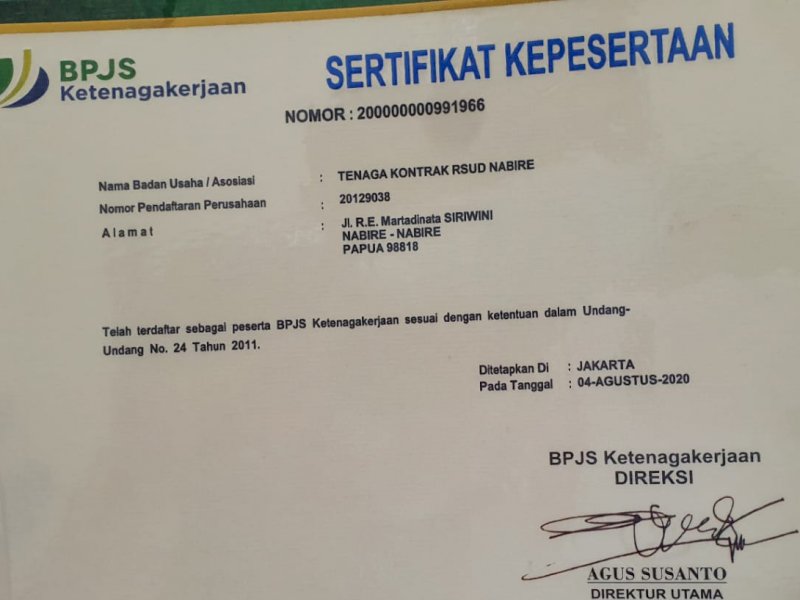 Sertifikat kepesertaan BPJS bagi tenaga medis RSUD Nabire. 