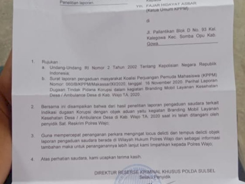 Surat pelimpahan kasus branding dan sirine ambulance desa dari Ditreskrimsus Polda Sulsel ke Polres Wajo. 