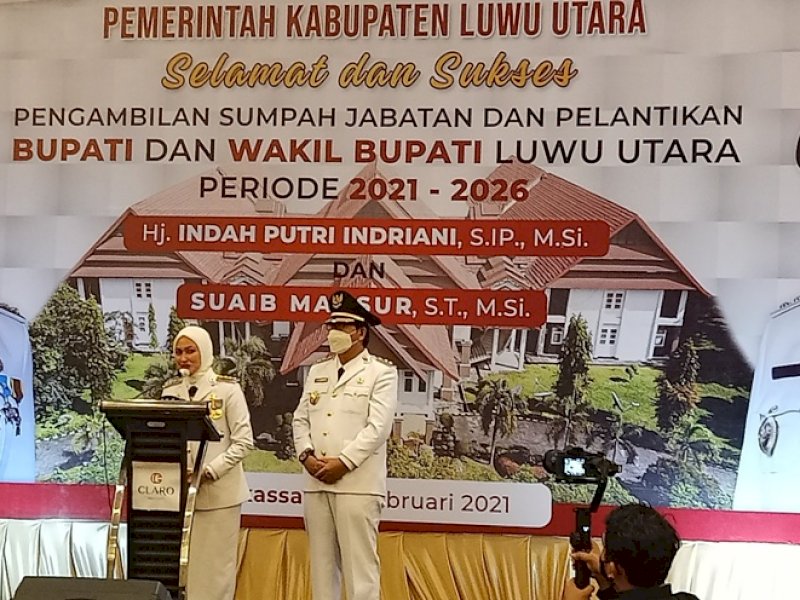 Bupati Lutra Indah Putri Indriani menyampaikan pidato perdana usai dilantik. 