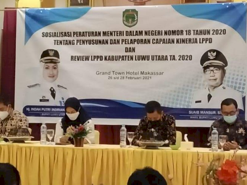 Sosialisasi Peraturan Menteri Dalam Negeri Nomor 18 Tahun 2020 tentang Penyusunan dan Pelaporan Capaian Kinerja LPPD dan Review LPPD, Sabtu (27/2/2021), di Aula Grand Town Hotel, Makassar.