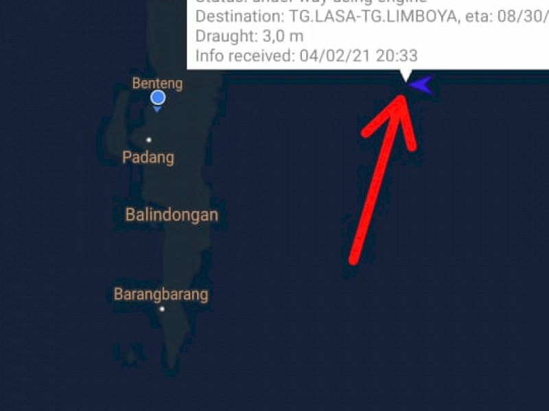 Posisi KM Bontoharu saat hilang kontak. 