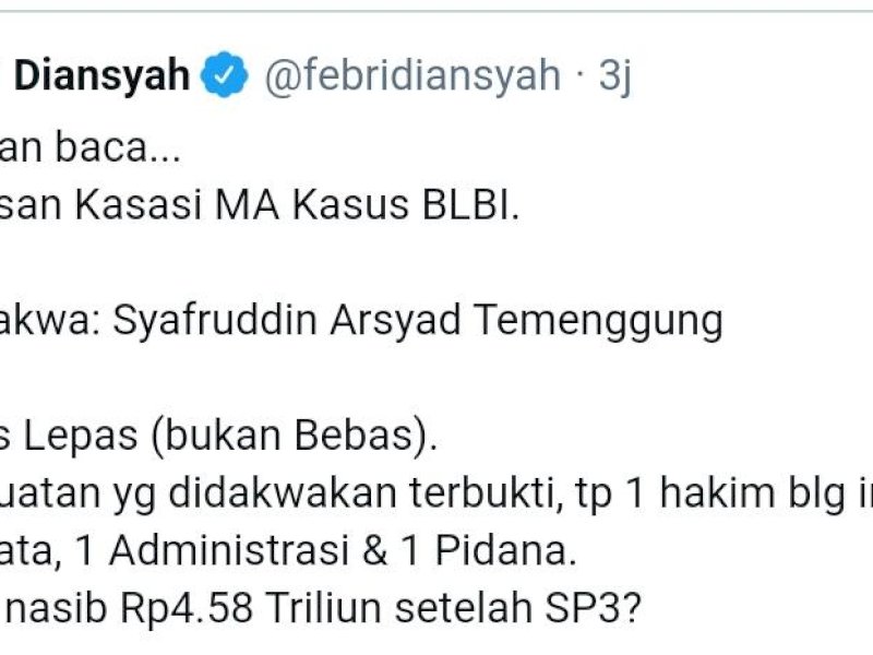 Kicauan mantan Jubir KPK di akun twitternya soal SP3 kasus BLBI. 