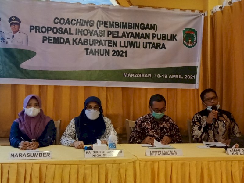 Pemda Luwu Utara menggelar kegiatan coaching (pembimbingan) Mandiri Proposal Inovasi yang dilaksanakan Minggu (8/4/2021), di Hotel Grandtown, Makassar.