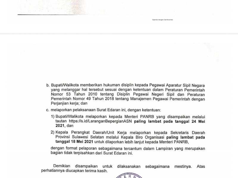 Surat edaran yang diterbitkan terkait larangan mudik bagi ASN. 