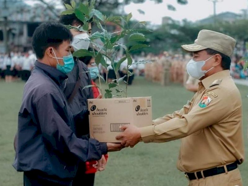 Bupati Torut Ombas saat memberi bibit kopi ke UMKM. 