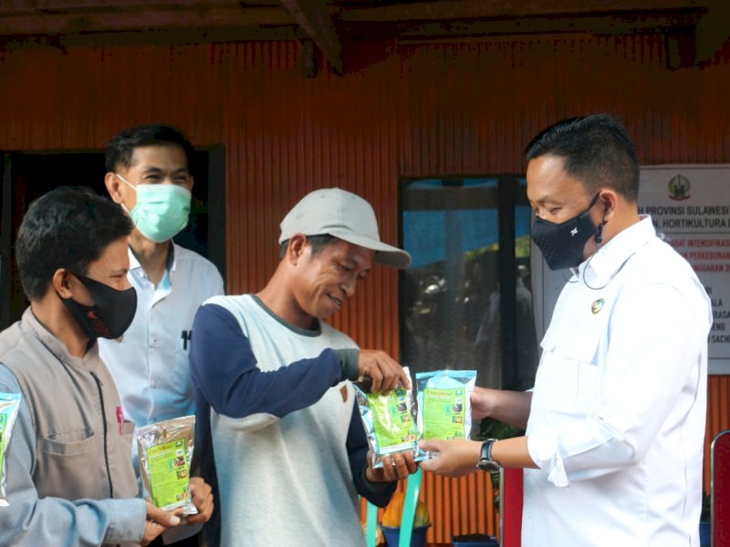 Ilham Azikin saat memberikan pupuk ke petani. 