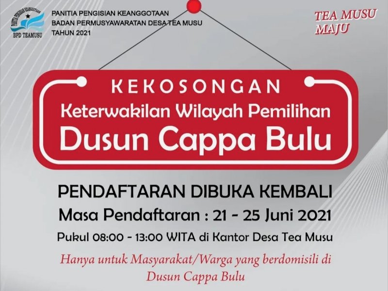 Jadwal pendaftaran kembali calon BPD di Tea Musu Bone. 