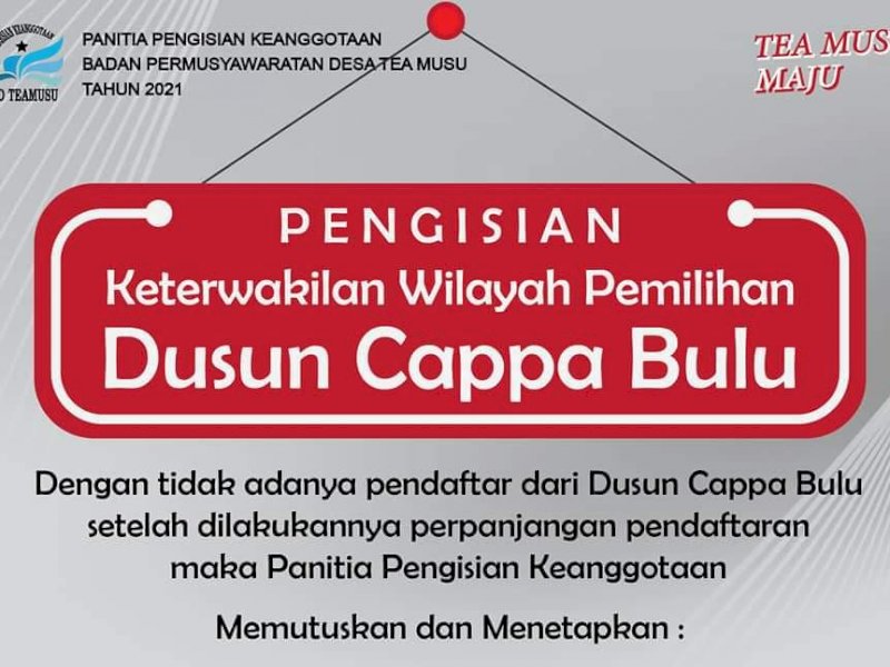 Pengumuman pengisian keterwakilan Dusun Cappa Bulu untuk Balon BPD. 