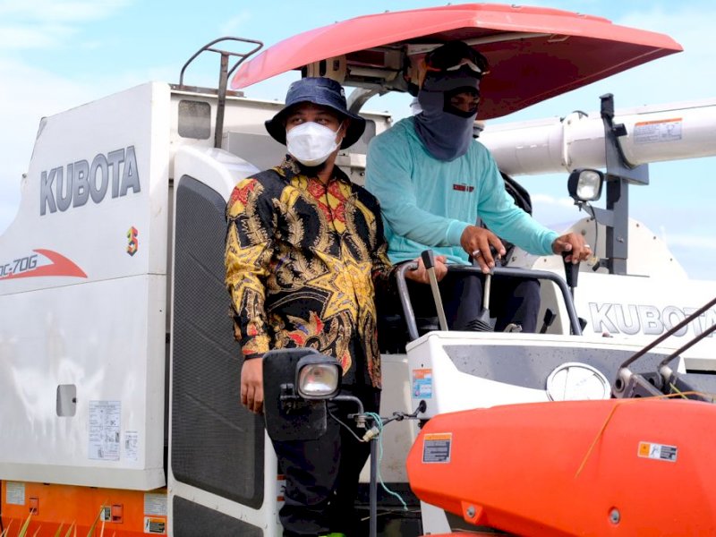 Plt Gubernur Sulsel, Andi Sudirman Sulaiman mengendarai traktor dalam panen raya padi di Kabupaten Sidrap.