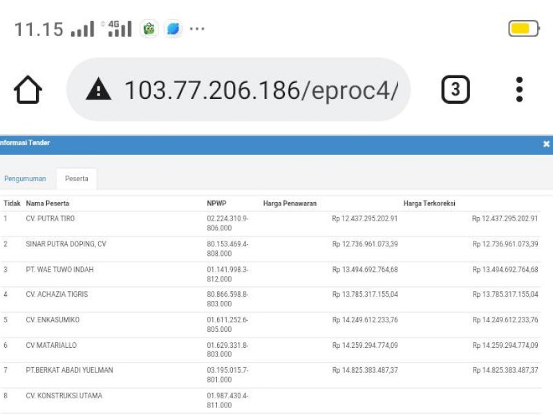 Pengumuman lelang proyek ruas jalan Buakayu-Ollon Tator di website LPSE.