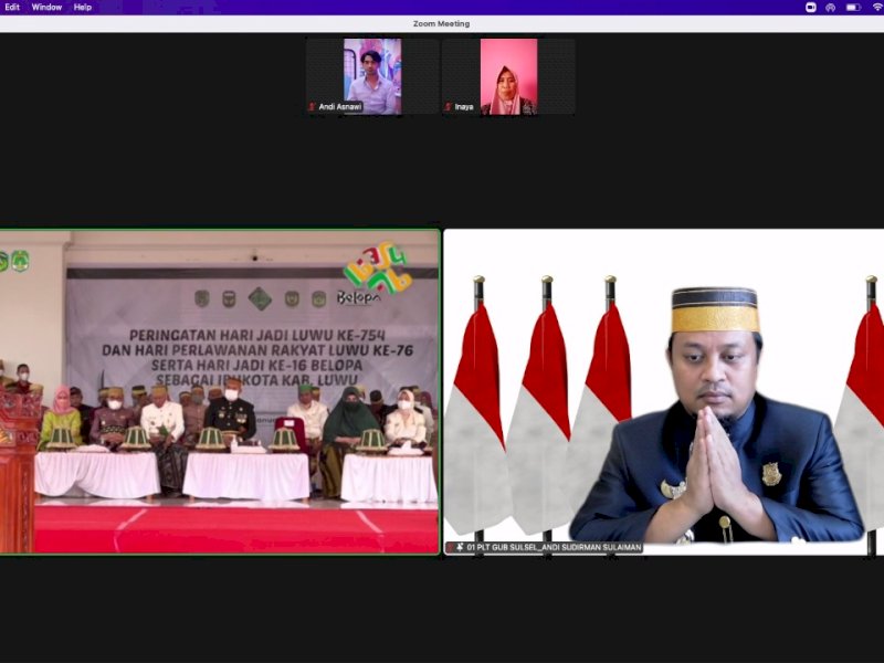 Plt Gubernur Sulsel Sudirman Sulaiman menghadiri hari jadi Luwu secara virtual, Ahad (23/1/2022).