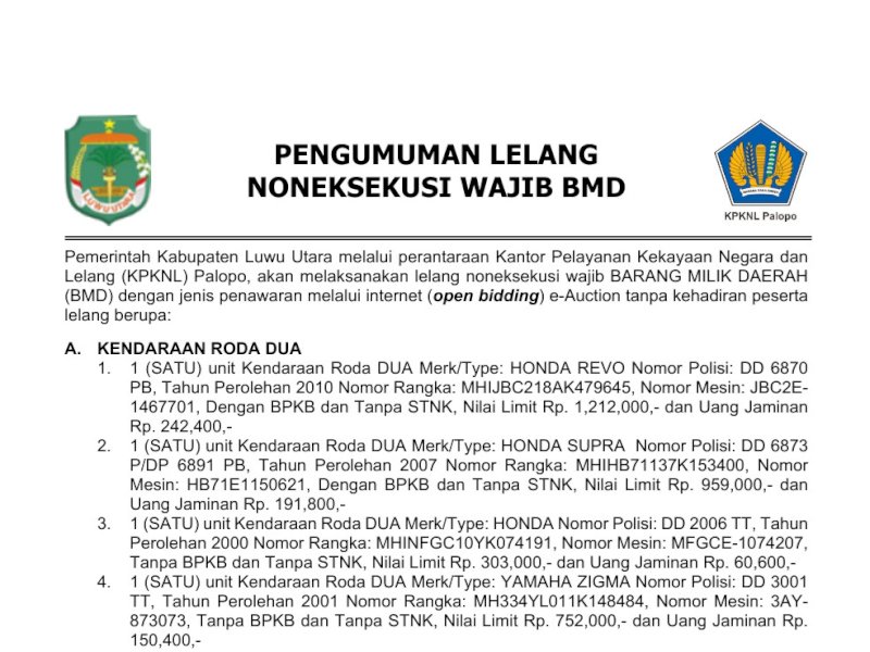Pengumuman! Pemkab Lutra Lelang Puluhan Kendaraan, ini Syaratnya