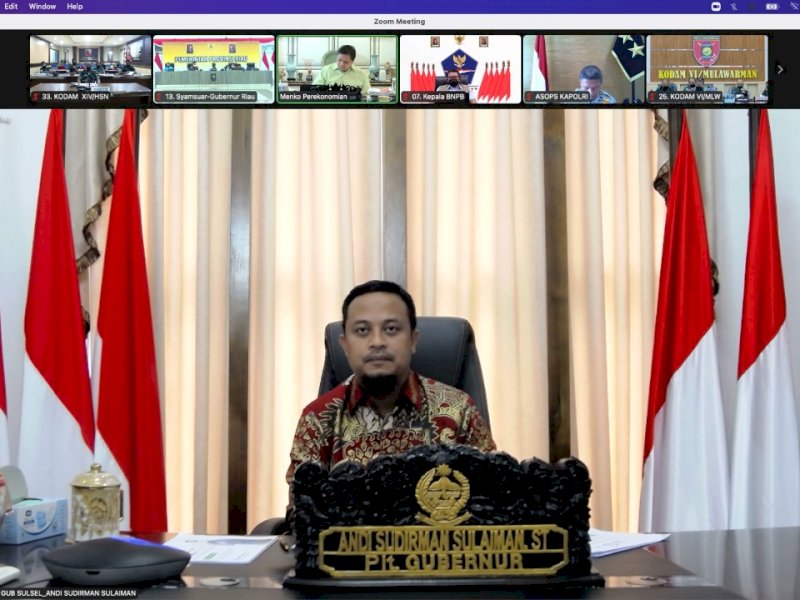 Plt Gubernur Sulsel Sudirman Sulaiman rakor virtual dengan Menko Perekonomian, Ahad (13/2/2022).