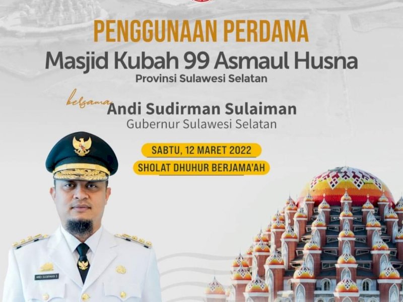 Besok, Sudirman Salat Zuhur Perdana di Masjid Kubah 99 Makassar