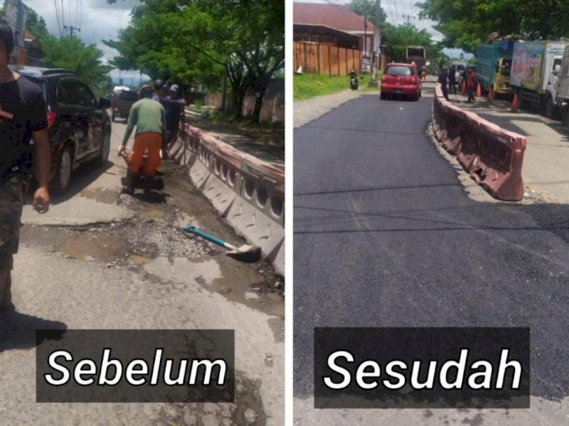 Sebelum dan sesudah perbaikan jalan yang dilakukan Dinas Pekerjaan Umum Kota Makassar di Jalan Dg Ramang.
