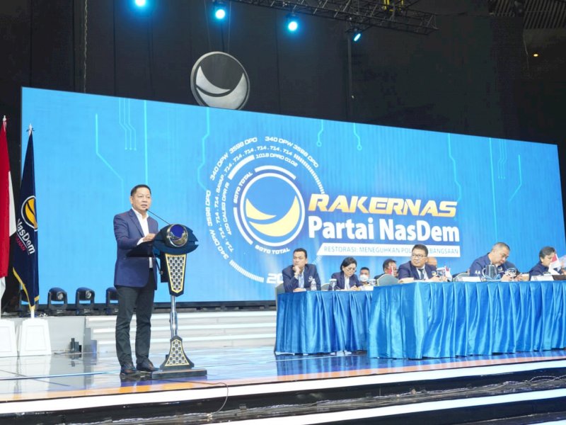 Ketua DPW Partai NasDem Sulsel Rusdi Masse Mappasessu paparkan capaian NasDem, dj Rakernas, Jakarta Convention Center, Jakarta, Kamis (16/6/2022).