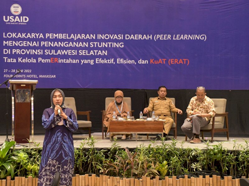 Inovator Kejar Stunting asal Luwu Utara, dr Nisma tampil sebagai narasumber Lokakarya Pembelajaran Inovasi Daerah (Peer Learning) Mengenai penanganan stunting di Provinsi Sulawesi Selatan, Senin (27/6/2022).