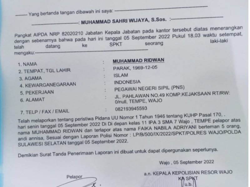 Laporan polisi korban pengeroyokan. 