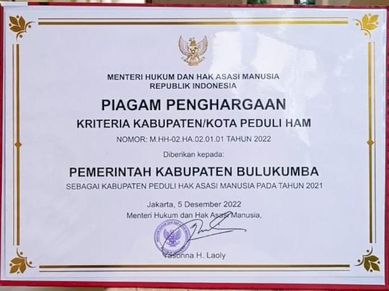 Pemkab Bulukumba Kembali Raih Penghargaan Peduli HAM