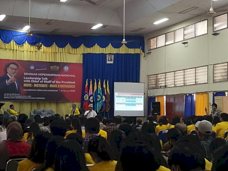 Moeldoko menjadi pembicara pada seminar di Universitas Atma Jaya Makassar.
