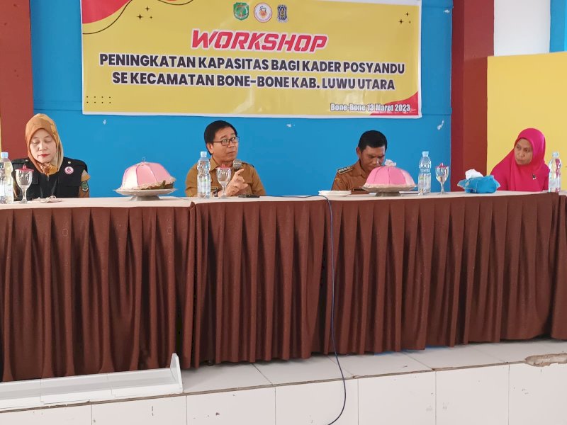 Workshop Peningkatan Kapasitas Kader Posyandu Kecamatan Bonebone di Aula Kantor Camat Bonebone, Senin (13/3/2023).