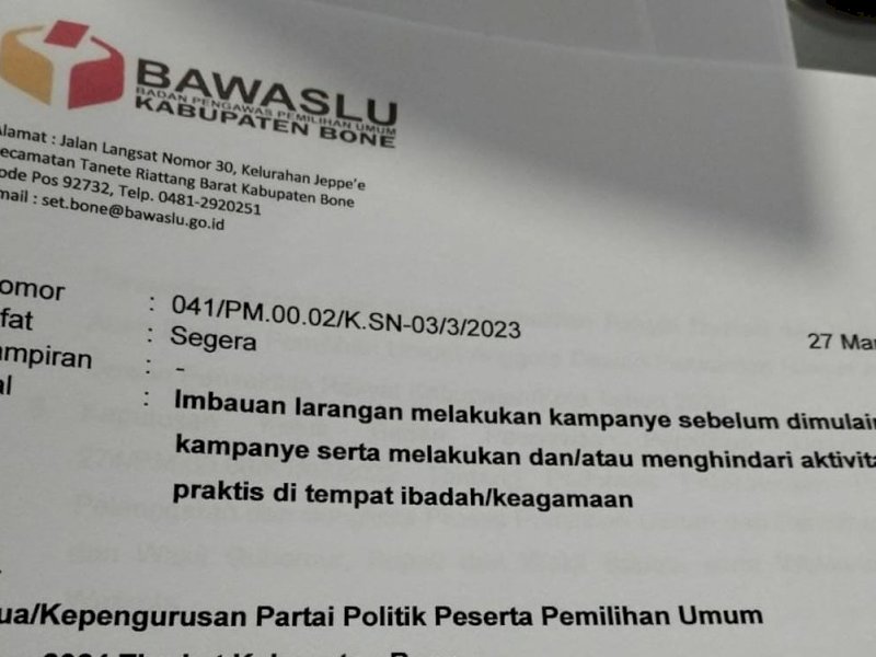 Bawaslu Bone Surati Parpol, Ingatkan tak Ada Kampanye di Tempat Ibadah