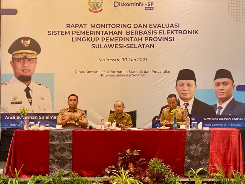 Rapat Monitoring dan Evaluasi Sistem Pemerintahan Berbasis Elektronik (SPBE) lingkup Pemprov Sulsel, Selasa (30/5/2023).
